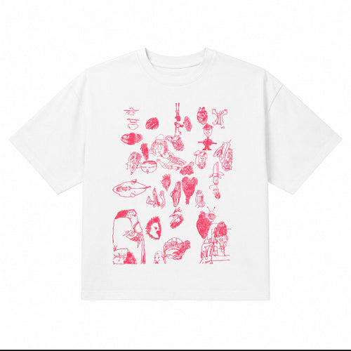 White oversized tee with pink hand-drawn illustration collage